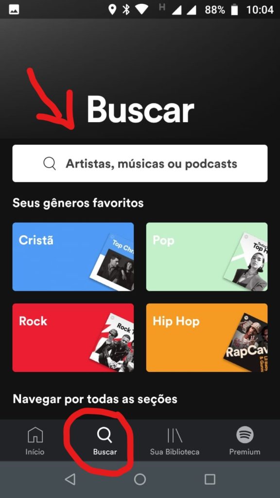IMAGEM - Na tela inicial do Aplicativo do Spotify, clique em buscar 